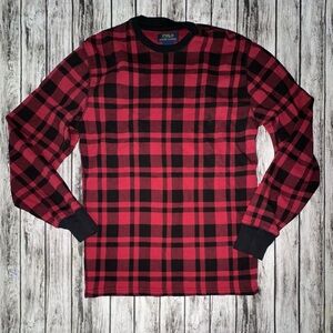 Polo‎ Ralph Lauren Shirt Mens Sm Red Black Buffalo Plaid Waffle Thermal Crewneck